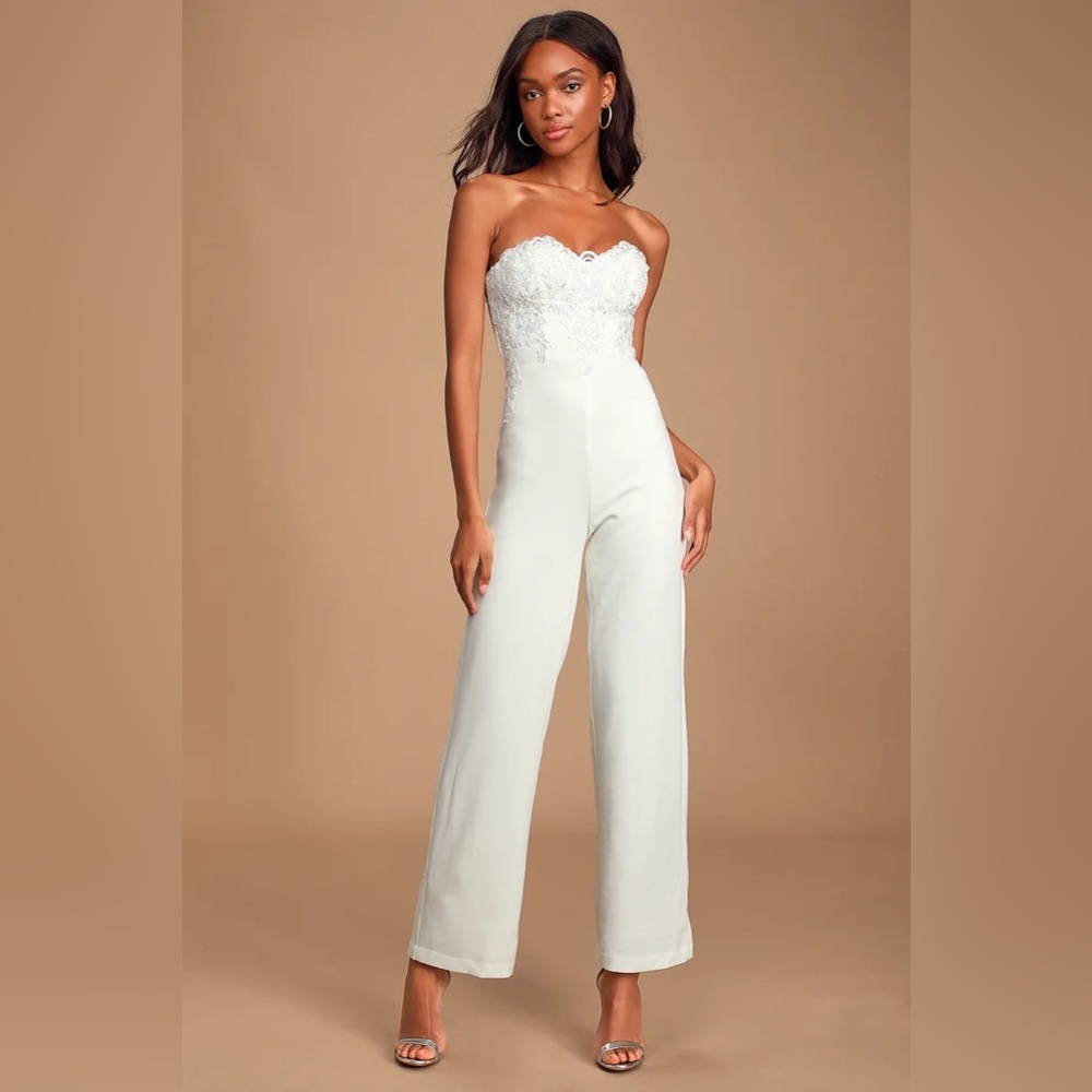 All Your Heart White Lace Strapless Jumpsuit